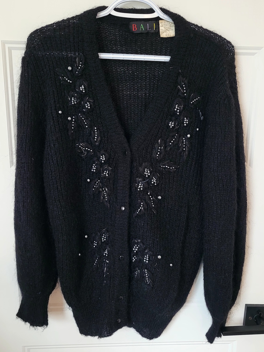 Vintage BALI Black Mohair Blend Beaded Cardigan Floral Pearl Sweater M